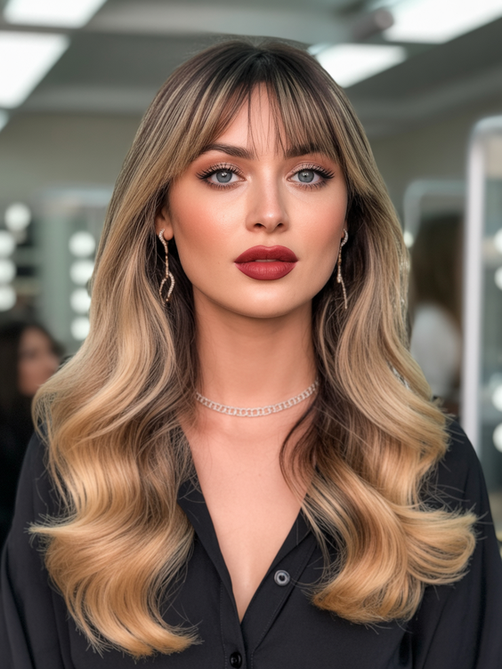 haircuts for long hair 2026 Soft Balayage Waves With Modern Fringe