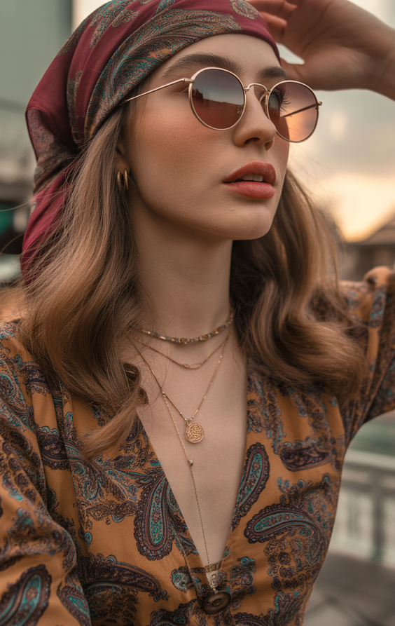 haircuts for long hair 2026 Retro Boho Waves With Scarf Accent