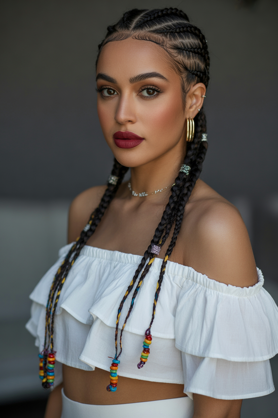 haircuts for long hair 2026 Classic Cornrow Braids With Beaded Detail