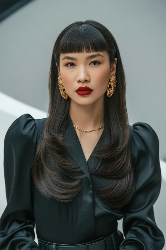 haircuts for long hair 2026 Precision Straight Layers With Structured Baby Fringe