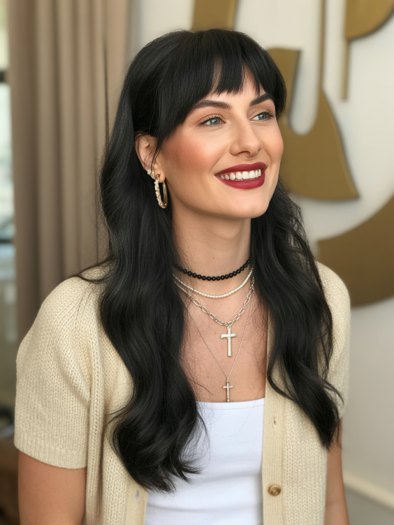 haircuts for long hair 2026 Soft Waves With Modern Chic Fringe