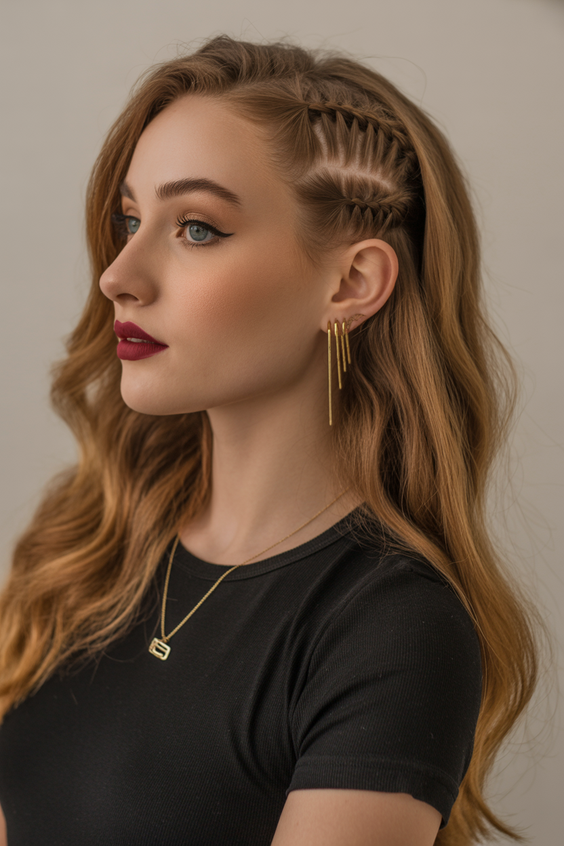 haircuts for long hair 2026 Side-Swept Waves With Braided Accent Detail