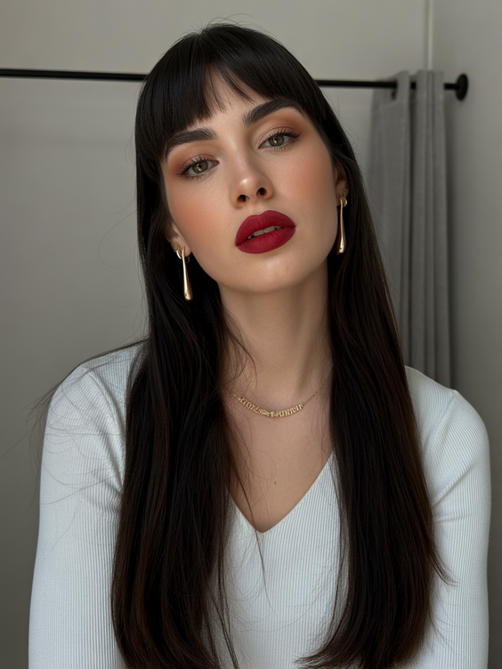 haircuts for long hair 2026 Minimalist Straight Layers With Soft Bangs