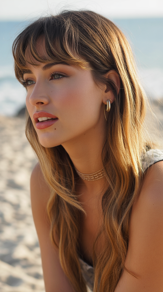 haircuts for long hair 2026 Sunlit Waves With Light Fringe