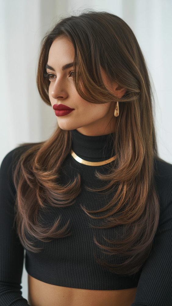 haircuts for long hair 2026 Layered Luxe With Sweeping Front Highlights