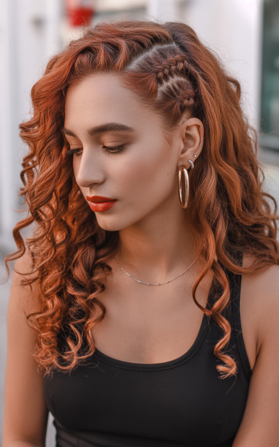 haircuts for long hair 2026 Curly Copper With Braided Edge Detail