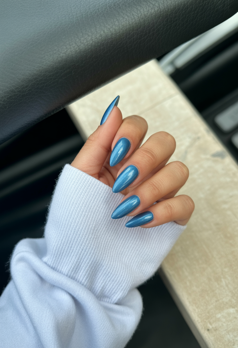 blue nails 2026 metallic almond