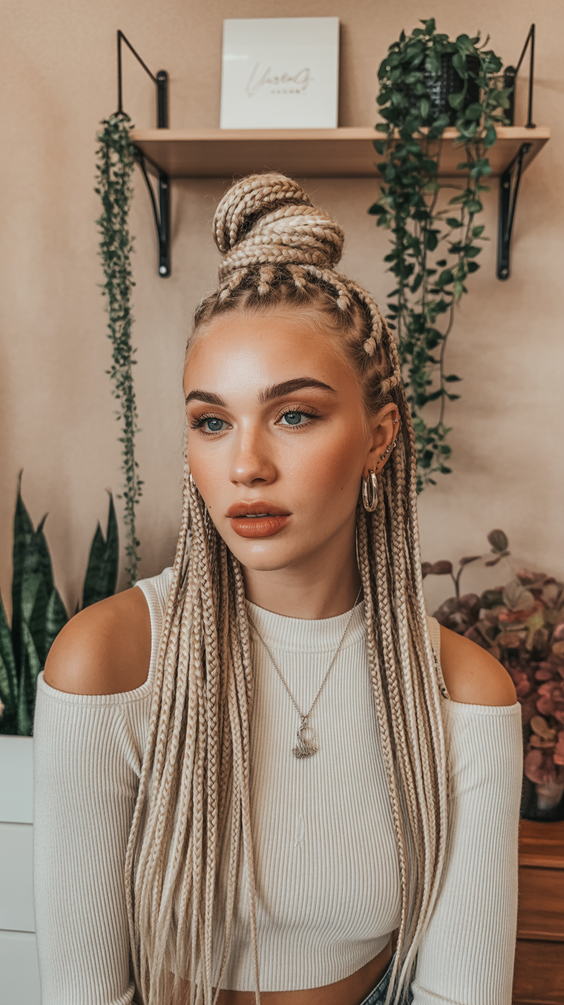 Braided hairstyles for women 2026 Soft Blonde Braids High Top Knot