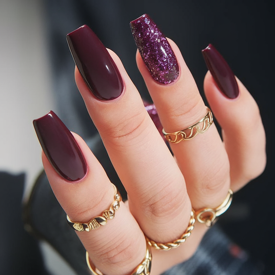 brown nails design Glossy Wine Brown With Glitter Accent Drama