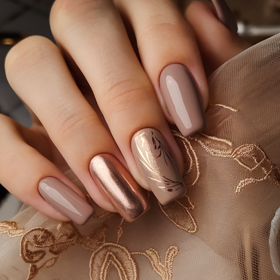 brown nails design Milky Taupe Browns With Soft Metallic Touch