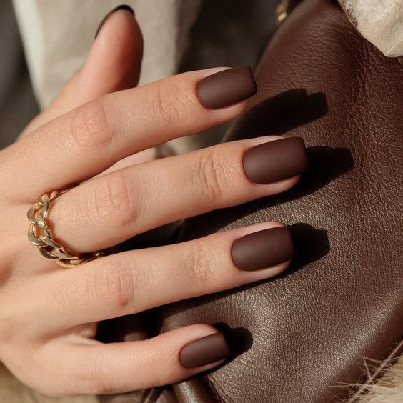 brown nails design Matte Chocolate Short Nails With Clean Edges