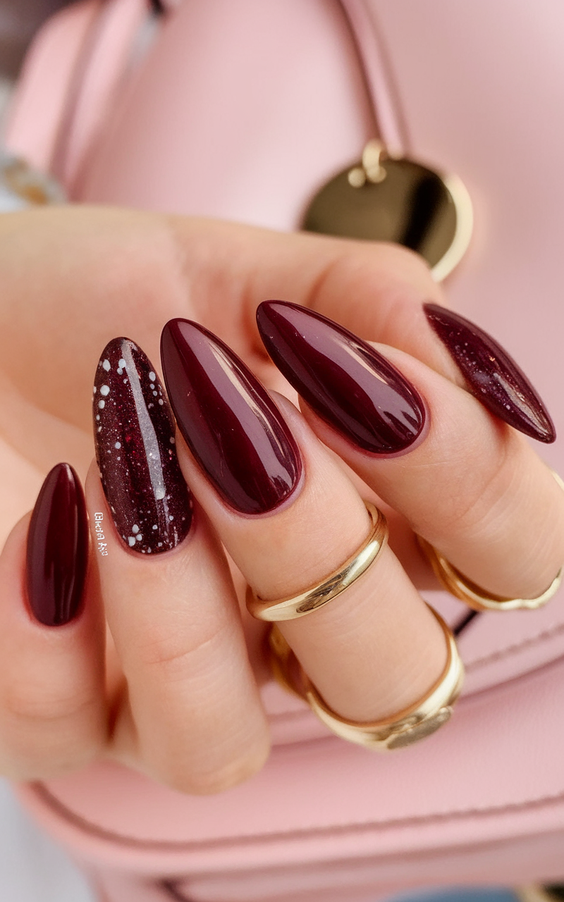 brown nails design Glossy Cherry Brown With Sparkled Accent Nail