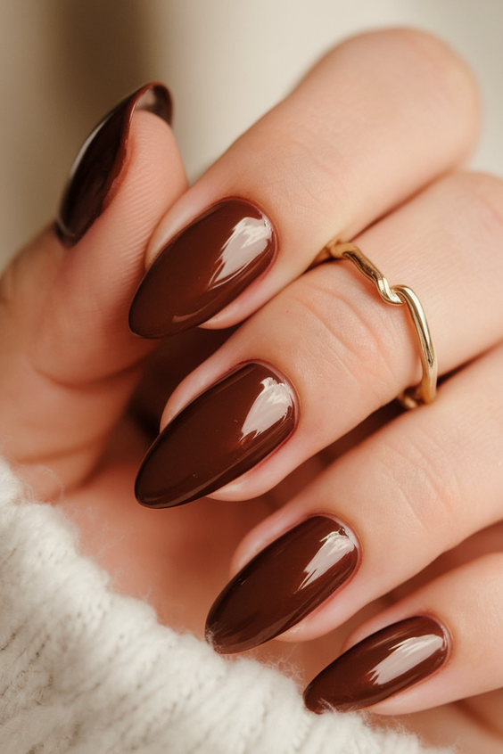 brown nails design Classic Chocolate Brown Almond Nails