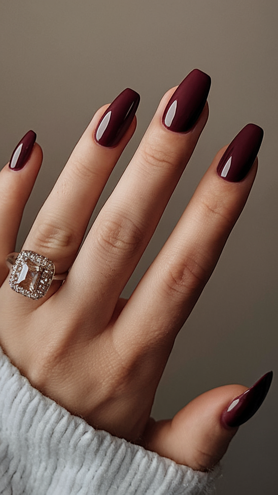 brown nails design Deep Wine Brown Coffin Nails With High Gloss Finish