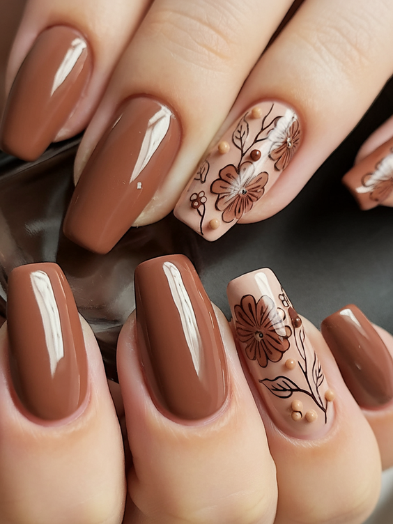 brown nails design Warm Mocha Brown With Floral Art Accents