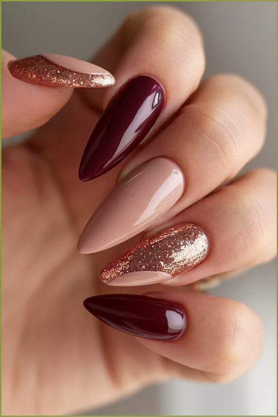 brown nails design Chocolate Brown Almond Nails With Metallic Highlights