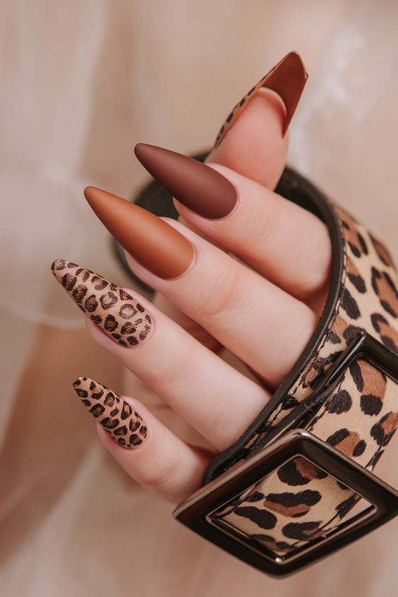 brown nails design Matte Cocoa And Leopard Accent Statement