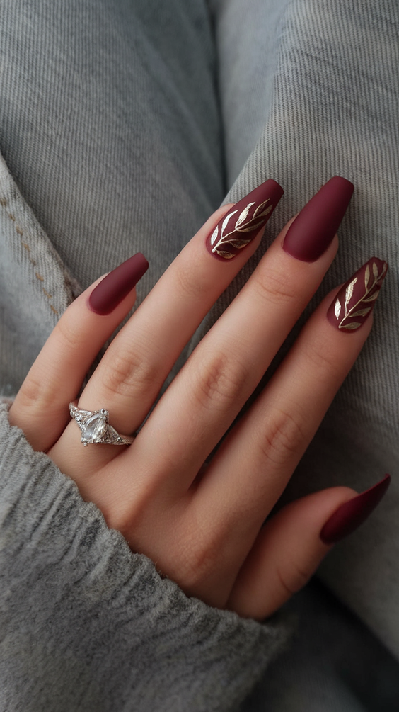 brown nails design Matte Wine Brown With Gold Botanical Accents