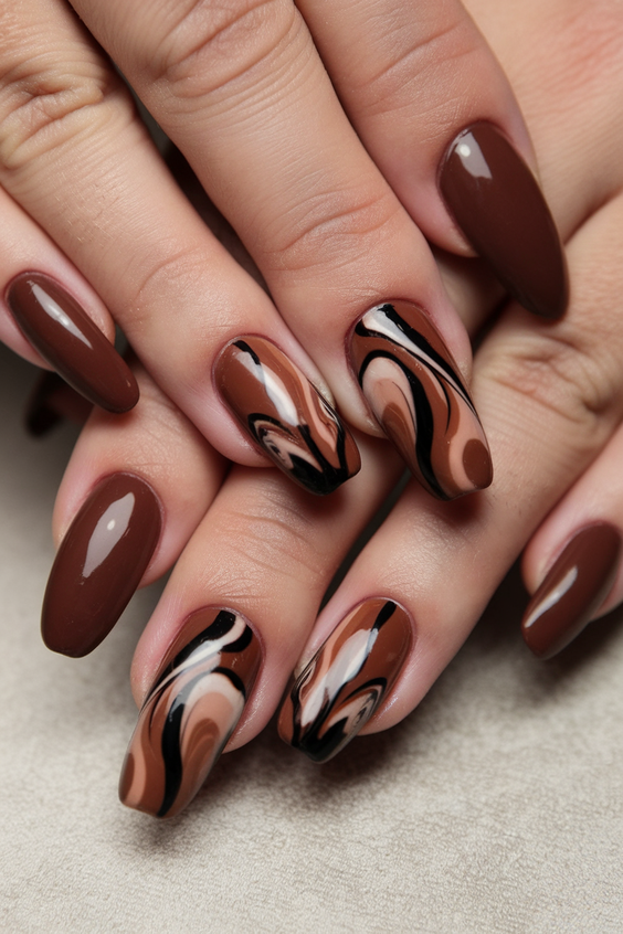 brown nails design Glossy Chocolate Brown With Fluid Art Swirls