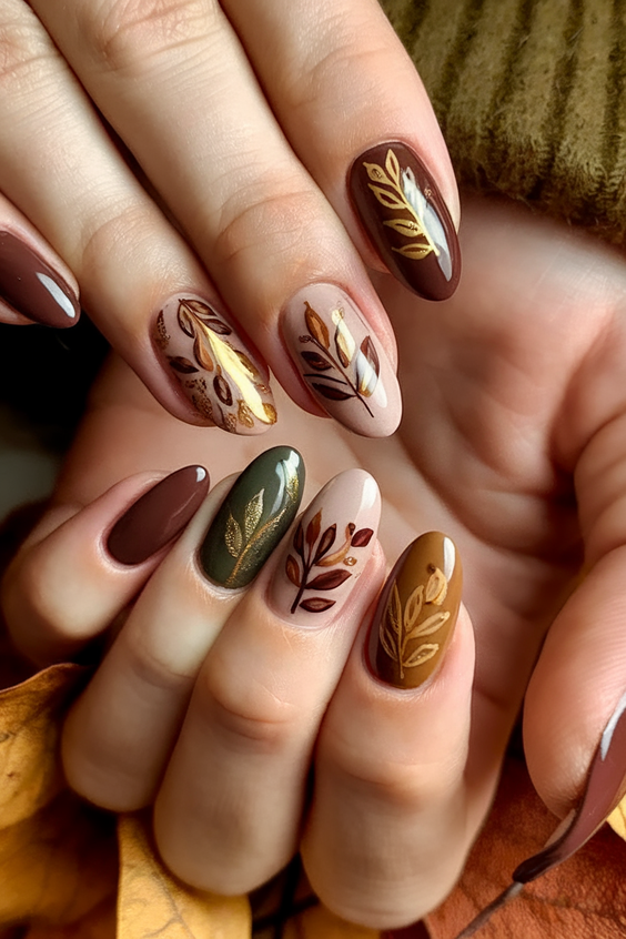 brown nails design Earthy Brown And Green Botanical Mix