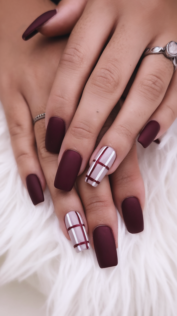 brown nails design Matte Burgundy Square With Graphic Lines