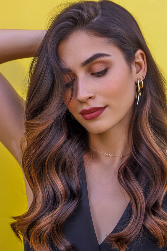 brunette hair color+Soft Caramel Ribbons on Deep Brunette Waves