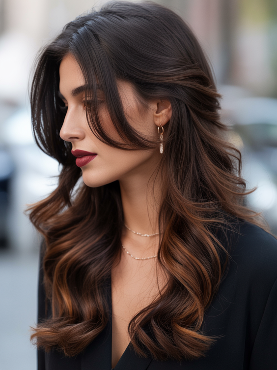 brunette hair color+Layered Brunette Waves With Soft Chestnut Flow