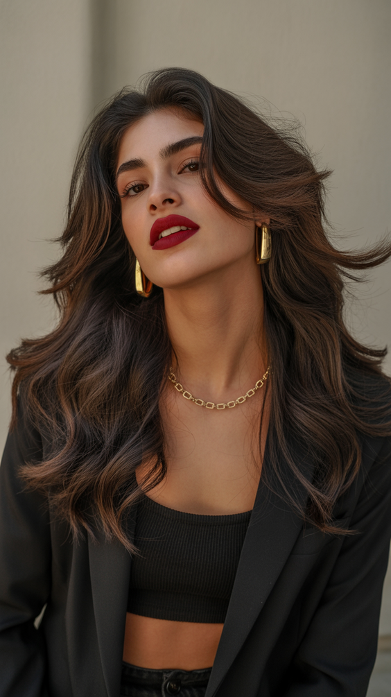 brunette hair color+Voluminous Cool Brunette With Face Framing Lift