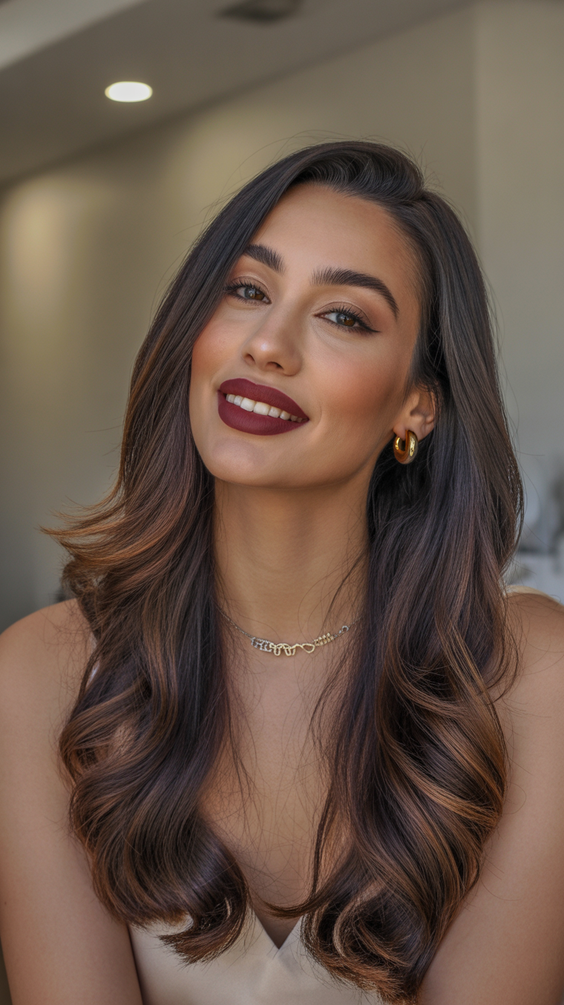 brunette hair color+Warm Dimensional Brunette With Soft Caramel Waves