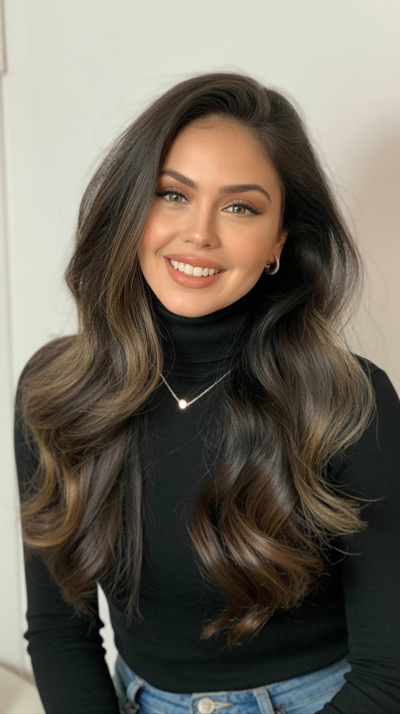 brunette hair color+Dark Root Melt With Latte Blonde Veiling