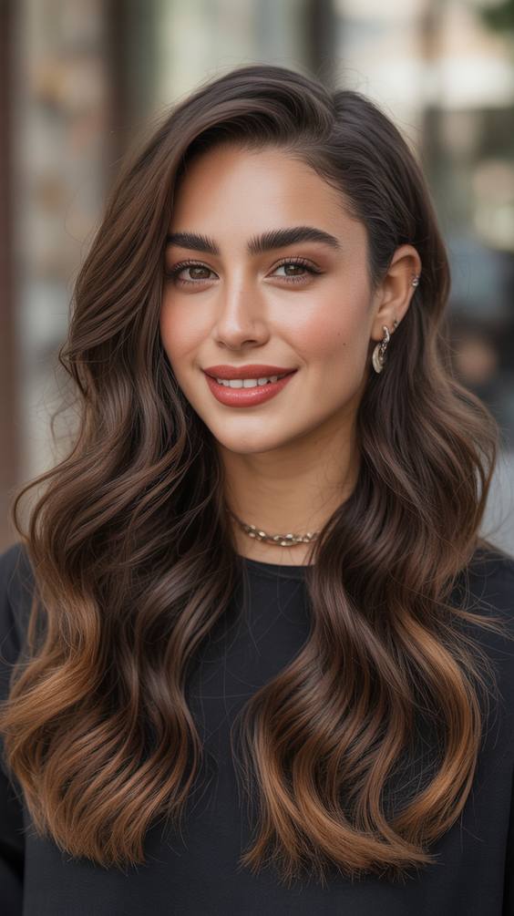 brunette hair color+Soft Walnut Brunette With Smooth Ribbon Highlights