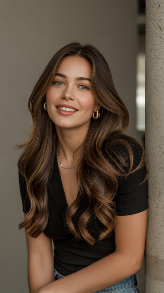 brunette hair color+Natural Brunette With Subtle Honey Veiling