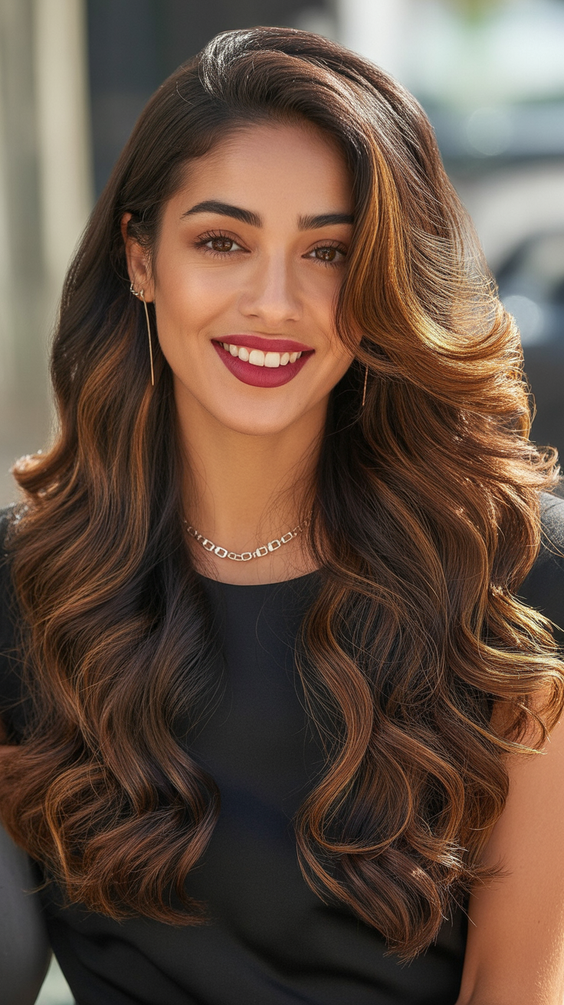 brunette hair color+Golden Espresso Waves for a Rich Dimensional Look