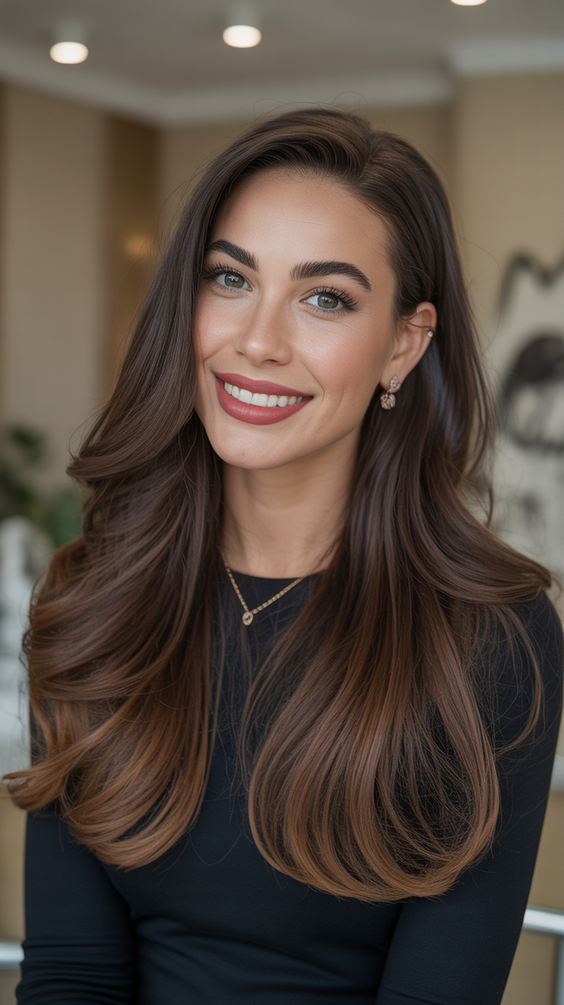 brunette hair color+Long Espresso Brunette With Soft Chocolate Melt