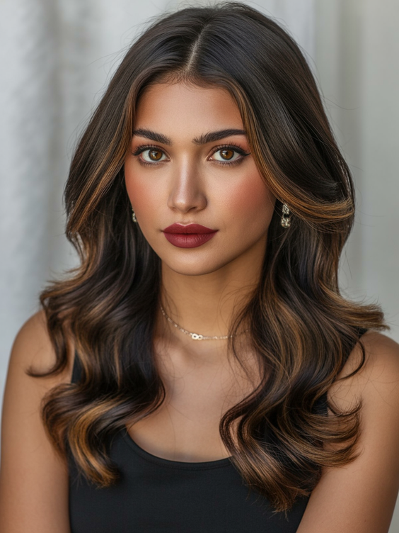 brunette hair color+Warm Honey Contour on Soft Chocolate Brunette