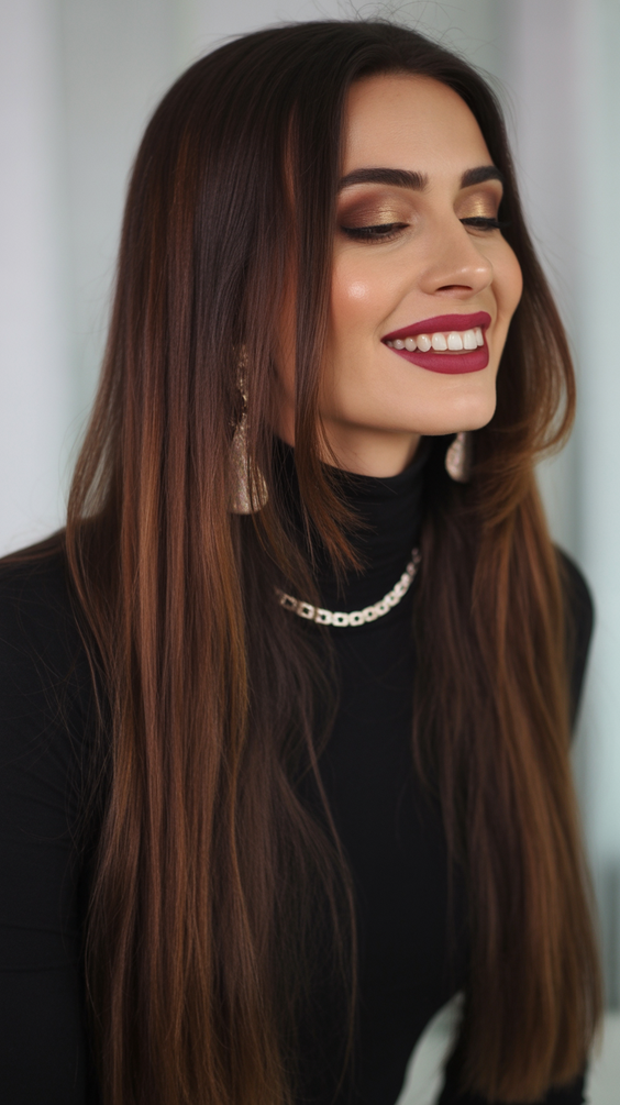 brunette hair color+Ultra Sleek Brunette With Soft Latte Lowlights