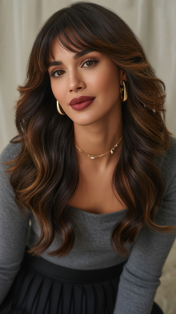 brunette hair color+Feathered Fringe With Warm Chocolate Contour
