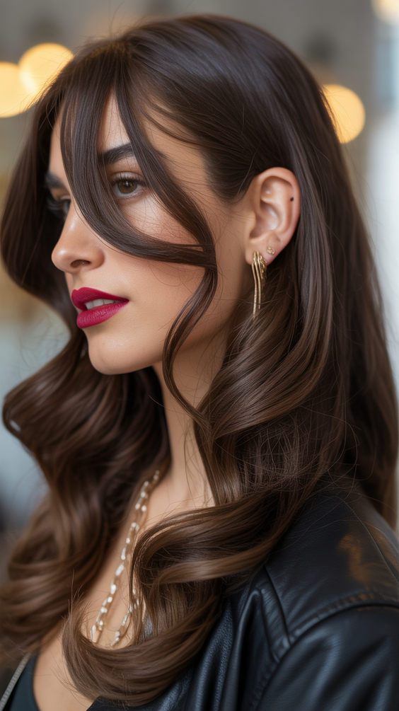 brunette hair color+Neutral Mocha Layers With Curtain Movement