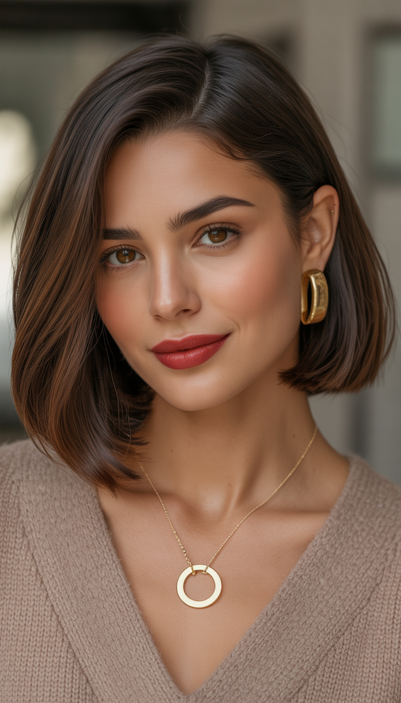 brunette hair color+Chocolate Sleek Bob With Soft Glow Highlights