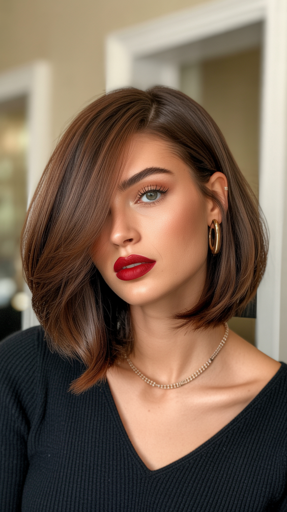 chocolate brown hair color 2026 polished chocolate bob with luxe shine