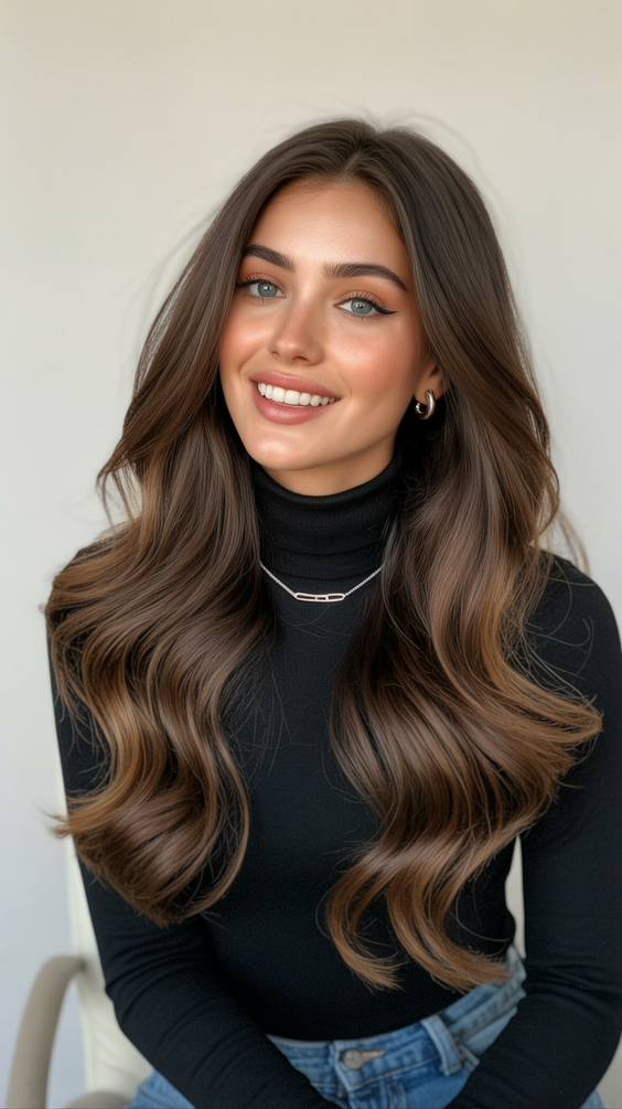 chocolate brown hair color 2026 soft medium chocolate waves with gentle caramel depth