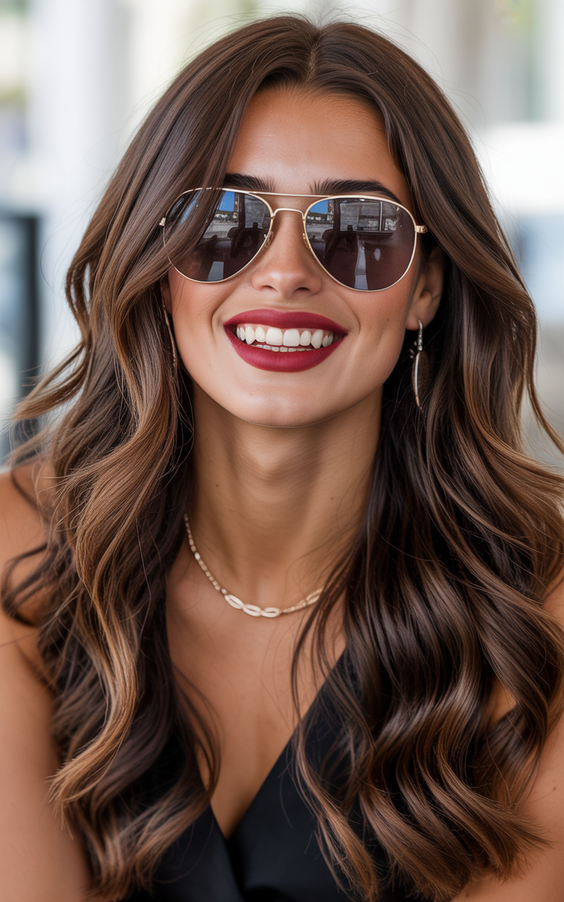 chocolate brown hair color 2026 caramel touched chocolate waves with soft glow