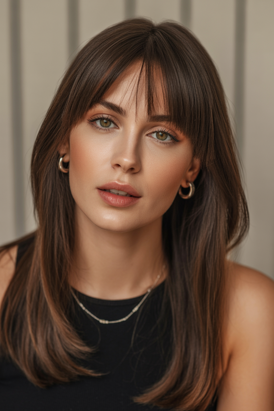 chocolate brown hair color 2026 soft classic medium chocolate with wispy bangs