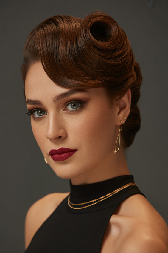 chocolate brown hair color 2026 glossy vintage inspired chocolate updo