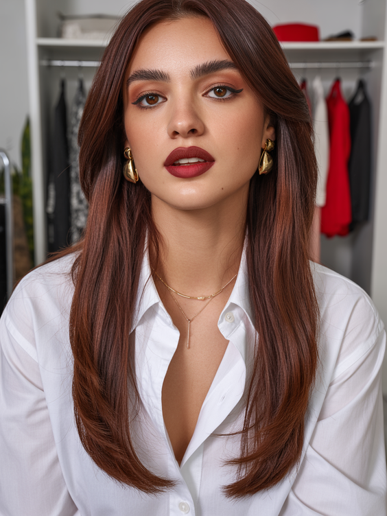 chocolate brown hair color 2026 sleek solid chocolate with a modern layered flow