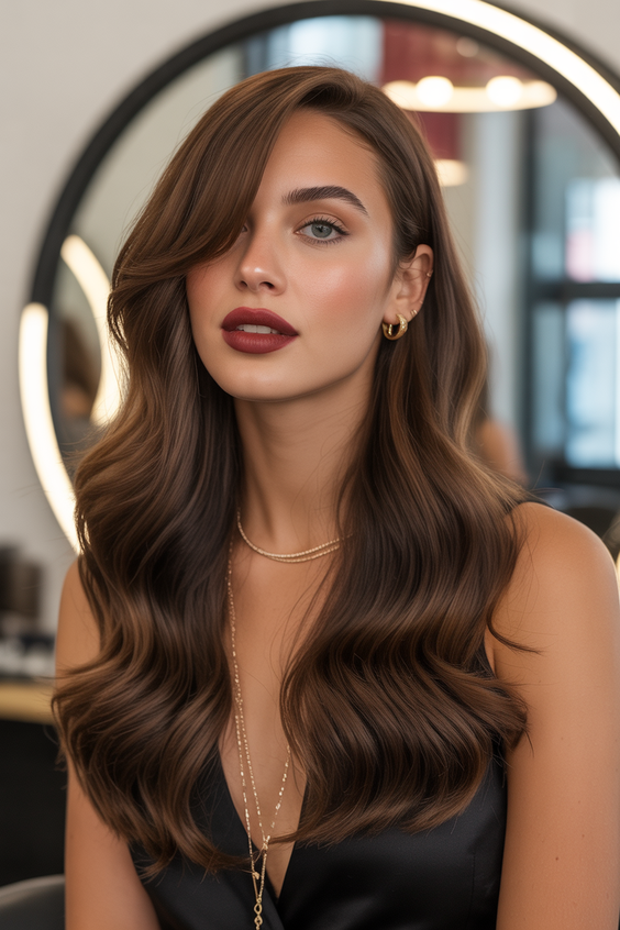 chocolate brown hair color 2026 luxurious deep chocolate waves with soft shine