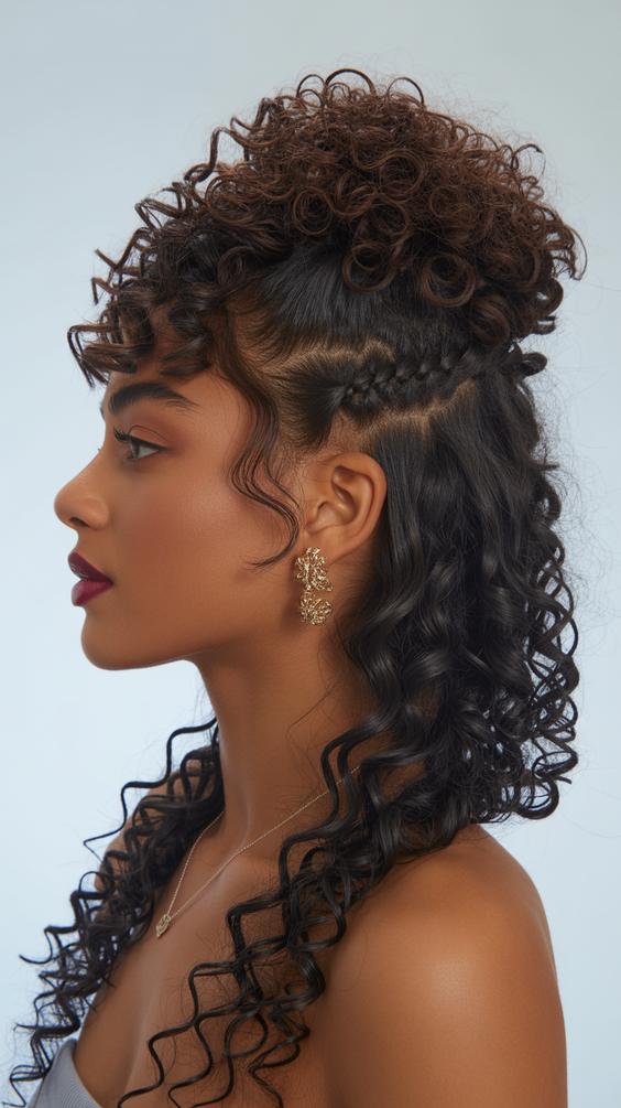 Cute curly hairstyles for women 2026 Half Up Curly Bun With Braided Detail