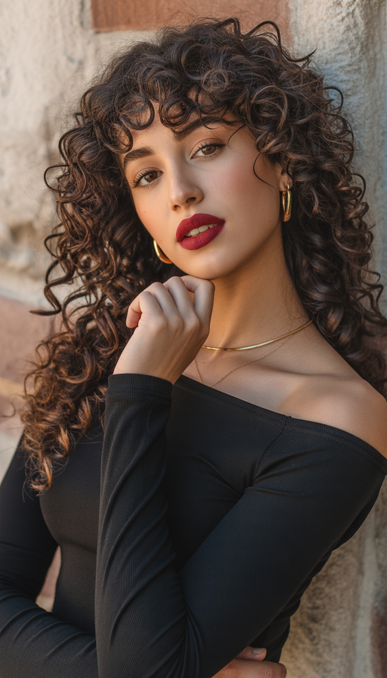 Cute curly hairstyles for women 2026 Soft Curly Fringe With Romantic Length