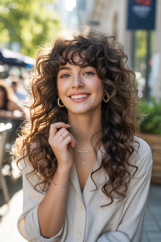 Cute curly hairstyles for women 2026 Playful Curly Fringe With Everyday Street Energy