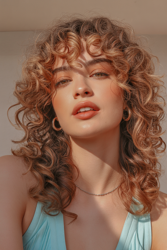 Cute curly hairstyles for women 2026 Sunlit Copper Curls With Relaxed Fringe Detail